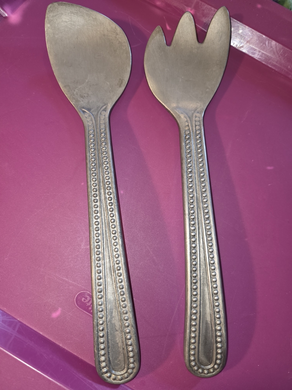 Wilton Armetale Silver Beaded Handle Serving Spoon and Fork Set